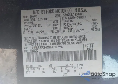 1999 Ford F-150 Work Series/Xl/Xlt z USA, uszkodzony, nr VIN 1FTZF1724XKA30796